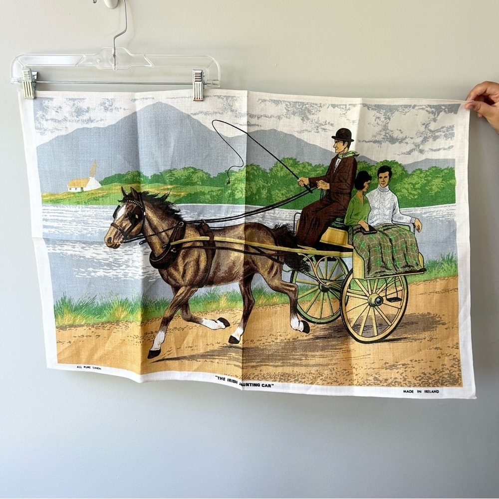 Irish linen tea towel with Victorian horse drawn carriage